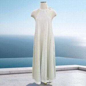 GSTQ XS White Neon Sole Mesh Maxi Dress Halter‎ Long Resort Beach Cover Up NWT